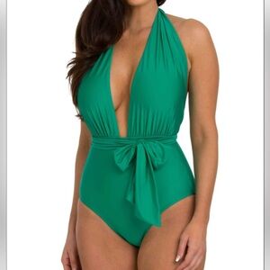 Tara Grinna Emerald Green Plunge Halter One-Piece Swimsuit with Waist Tie